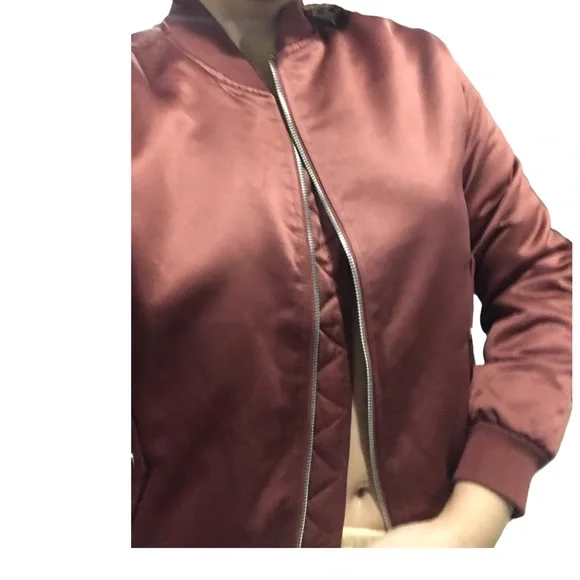 Forever 21 | Maroon satin bomber jacket lace up sleeves and back statement coat - Picture 3 of 11